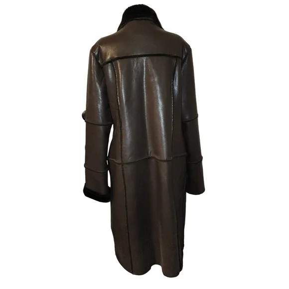 Pele For Outerwear Brown Faux Shearling Leather Long Coat Womens Size Large - Picture 3 of 10